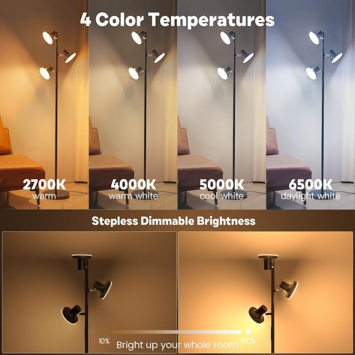 SIBRILLE Lámpara de pie LED de árbol de 36W, lámpara de pie ajustab...