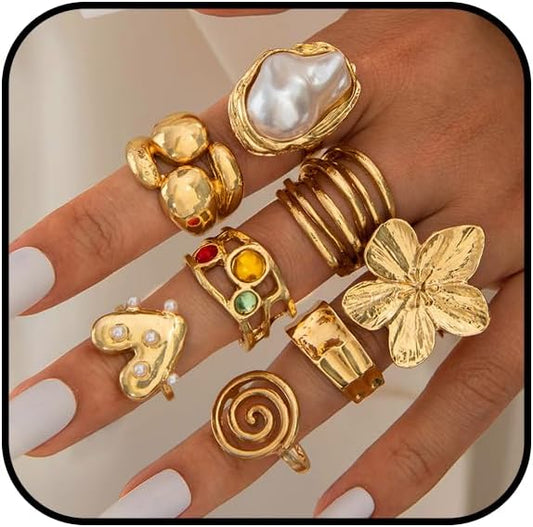 IQIC Anillos gruesos de oro para mujer, juego de anillos de plata a...