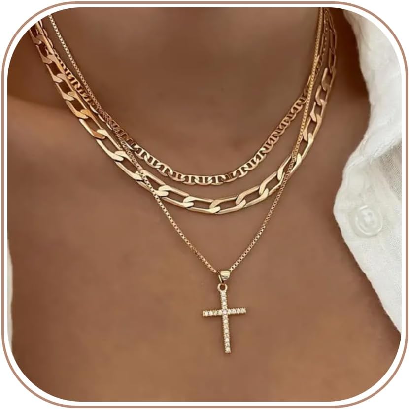 Collar con Cruz para Mujer, Collares Apilados en Capas Delicados, C...
