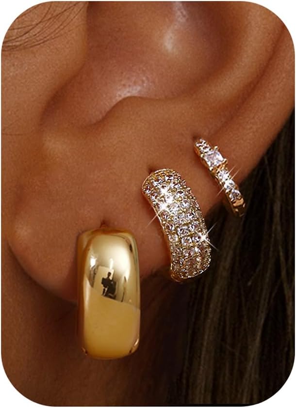 LOLIAS Pequeños aretes de aro gruesos chapados en oro de 14K para m...