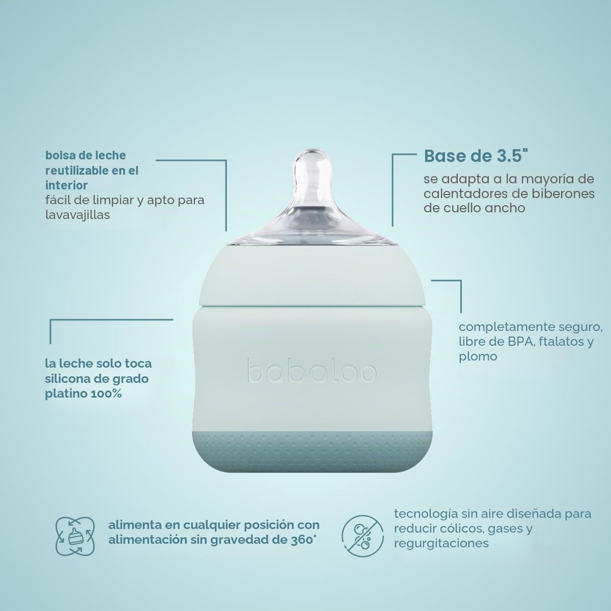 Babaloo Biberón de silicona para bebé, sin aire, anticólicos, 8 onz...