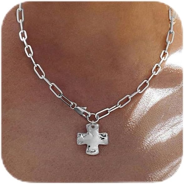 Bheop - Collar de cruz gruesa para mujer, oro de 14 quilates, plata...