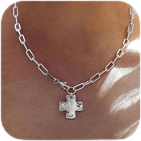 Bheop - Collar de cruz gruesa para mujer, oro de 14 quilates, plata...