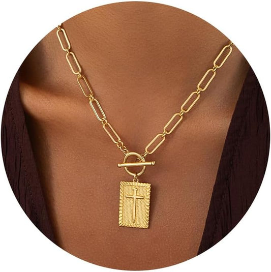 Robaice Collar de cruz chapado en oro de 14 quilates y plata para m...