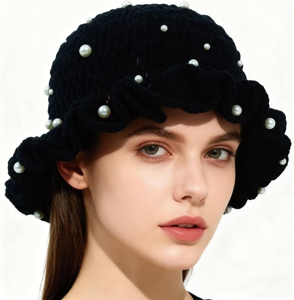 AMOFIA Gorro de punto para mujer, gorro de ganchillo con volantes,...