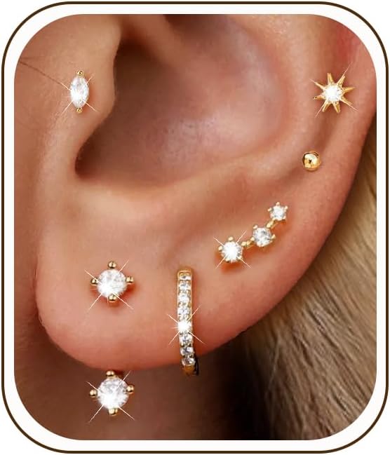 Set de 6 aretes de mujer tipo dormilona chapados en oro de 14 quila...