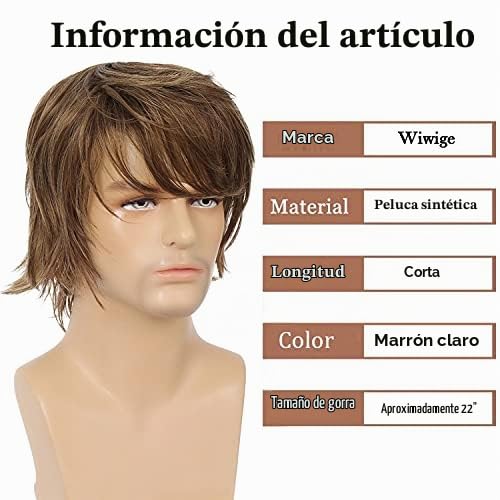 Wiwige Peluca sintética sintética para hombre, color marrón claro,...