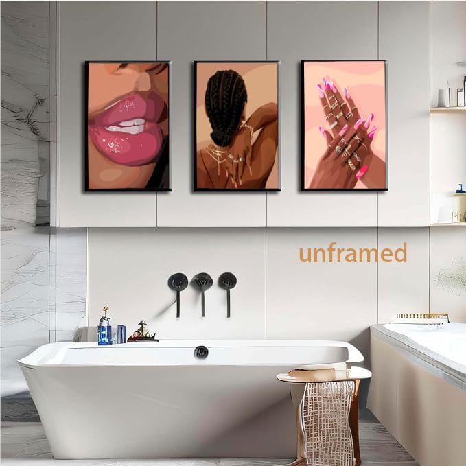 Juego de 3 pósters de pared de niña negra en tonos rosa, arte de pa...