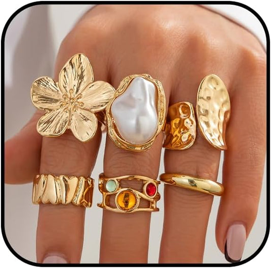 IQIC Anillos gruesos de oro para mujer, juego de anillos de plata a...