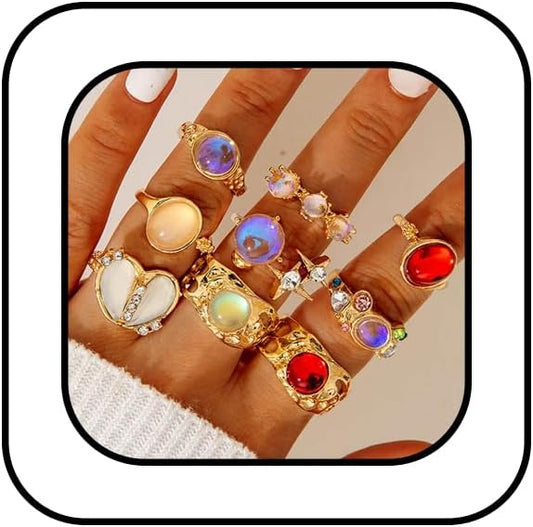 IQIC Anillos gruesos de oro para mujer, juego de anillos de plata a...