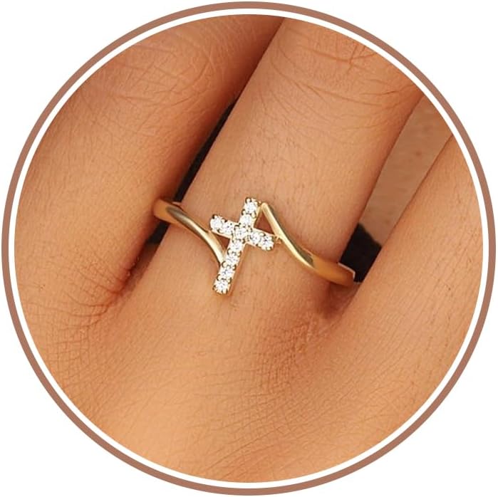 Punhem Anillos de oro con cruz para mujer, oro de 14 quilates, tono...