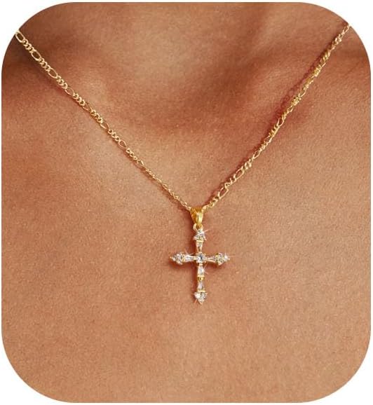 Collar de cruz para mujer, collar de doble cruz chapada en oro de 1...