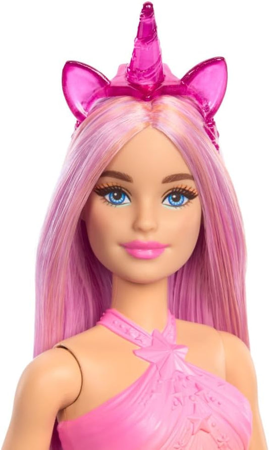 Barbie Muñeca de unicornio con pelo de fantasía rosa, traje colorid...