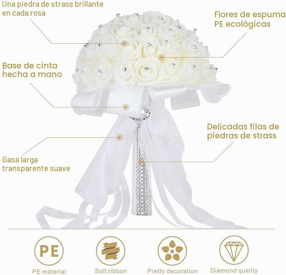 Febou ramo de boda para novia, ramo hecho a mano con cristales, laz...