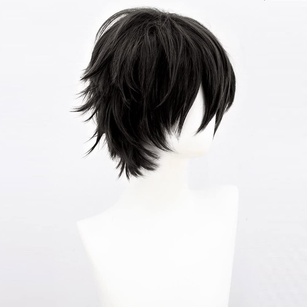 PORSMEER Peluca corta de anime negra para hombre, unisex, con capas...