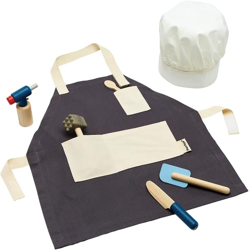 PlanToys Juego de chef con kit de cocina de madera con cuchillo, es...