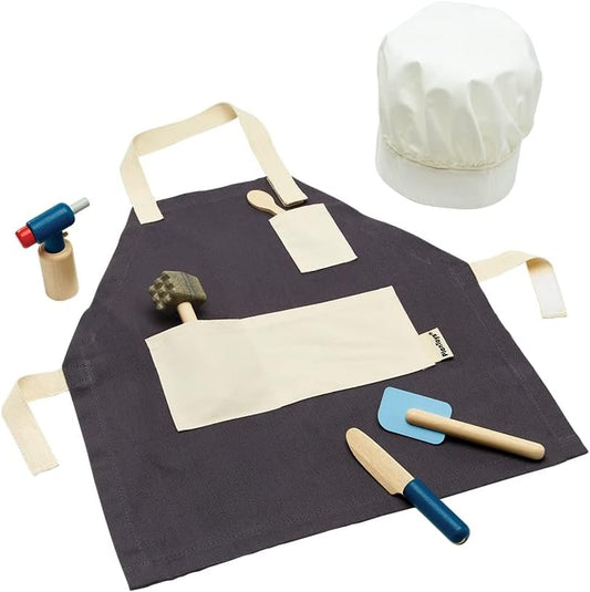 PlanToys Juego de chef con kit de cocina de madera con cuchillo, es...