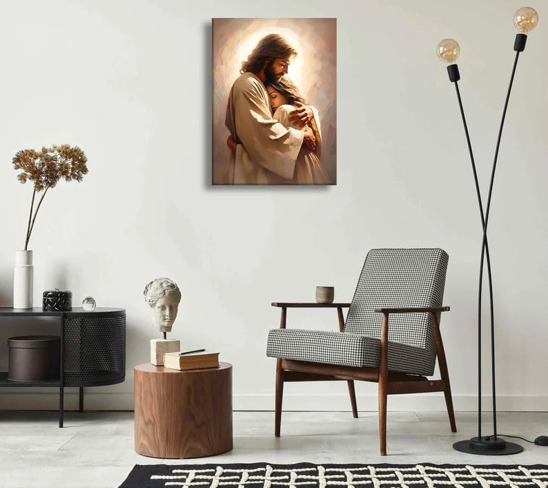 Lienzo de Jesús abrazando a una mujer, arte de pared, refugio segur...