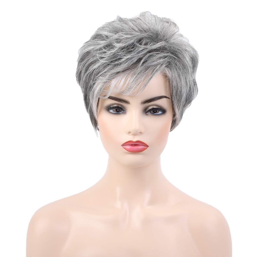 EMMOR Pelucas cortas de cabello humano gris para mujer, mezcla de c...