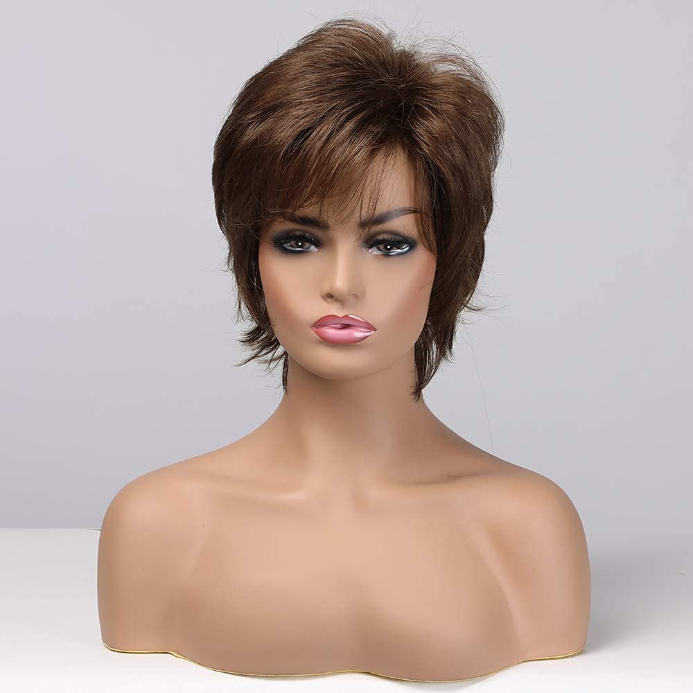 EMMOR - Peluca corta de cabello humano mezcla marrón con corte pixi...