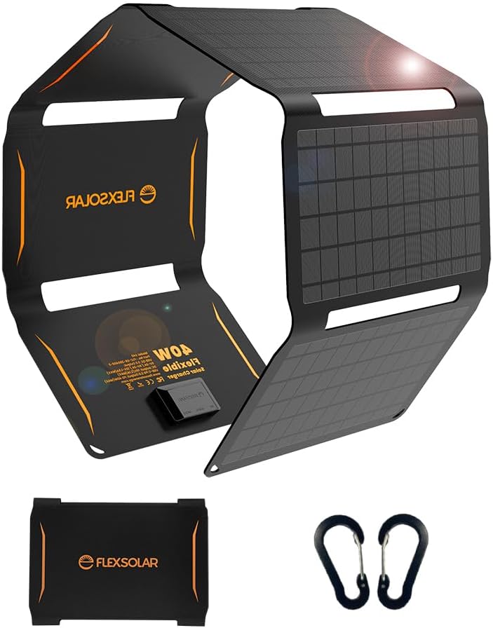 FlexSolar Cargador de panel solar plegable de 40 W, salidas USB-C U...