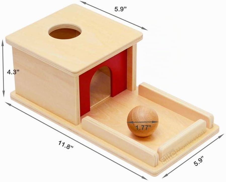 Montessori, caja de permanencia de objetos con charola y pelota.