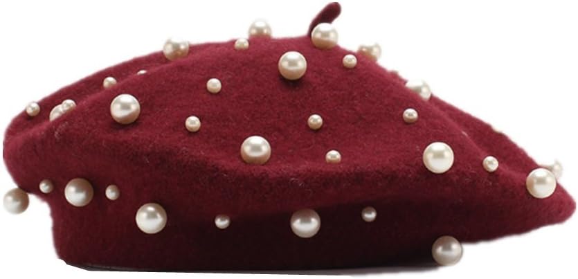 Sombrero de boina vintage de lana de perla para mujer, gorro cálido...