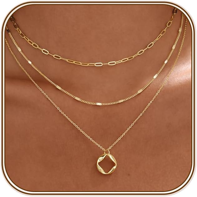 Turandoss Collares en capas para mujer, chapados en oro de 14 quila...