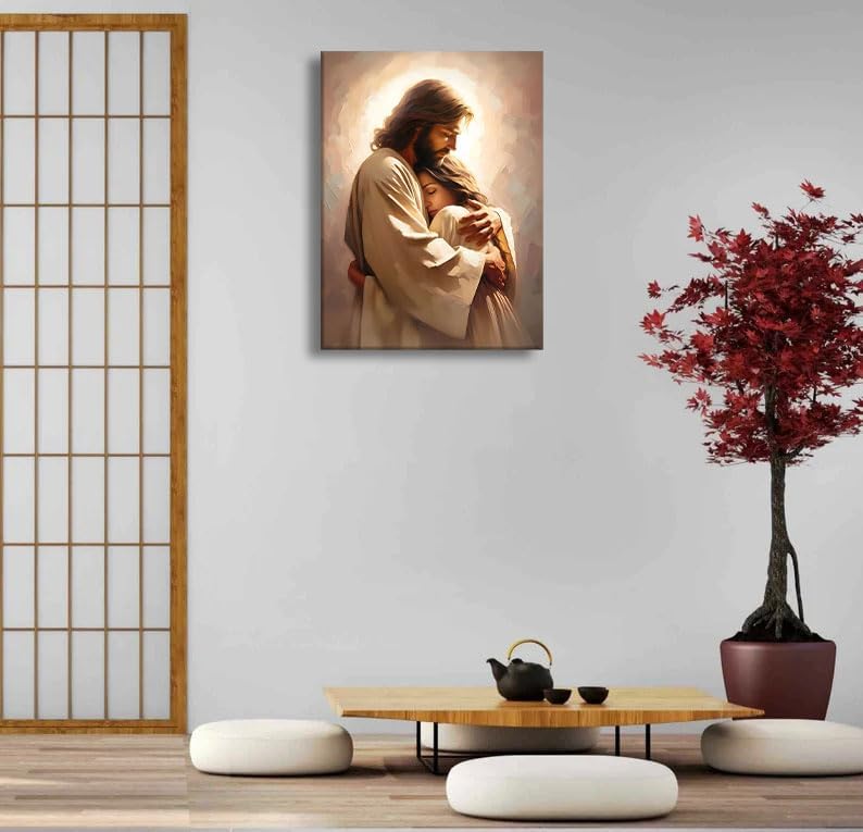 Lienzo de Jesús abrazando a una mujer, arte de pared, refugio segur...