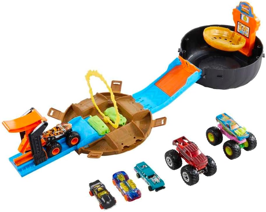 Hot Wheels Juego de camiones monstruo de juguete, funda en forma de...
