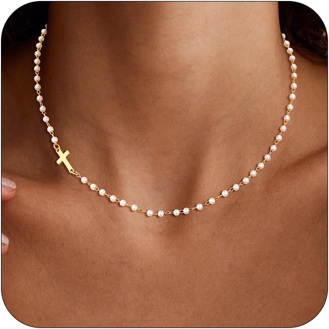 VIROMY Collar de Perlas en Capas con Cruz Dorada para Mujeres - Col...