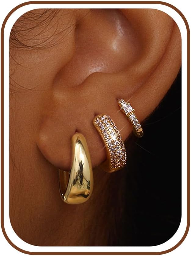 LOLIAS Pequeños aretes de aro gruesos chapados en oro de 14K para m...