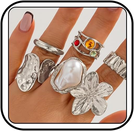 IQIC Anillos gruesos de oro para mujer, juego de anillos de plata a...