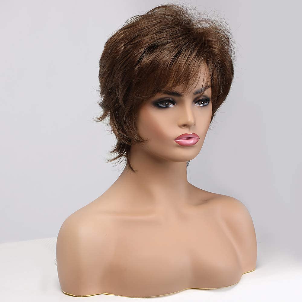 EMMOR - Peluca corta de cabello humano mezcla marrón con corte pixi...