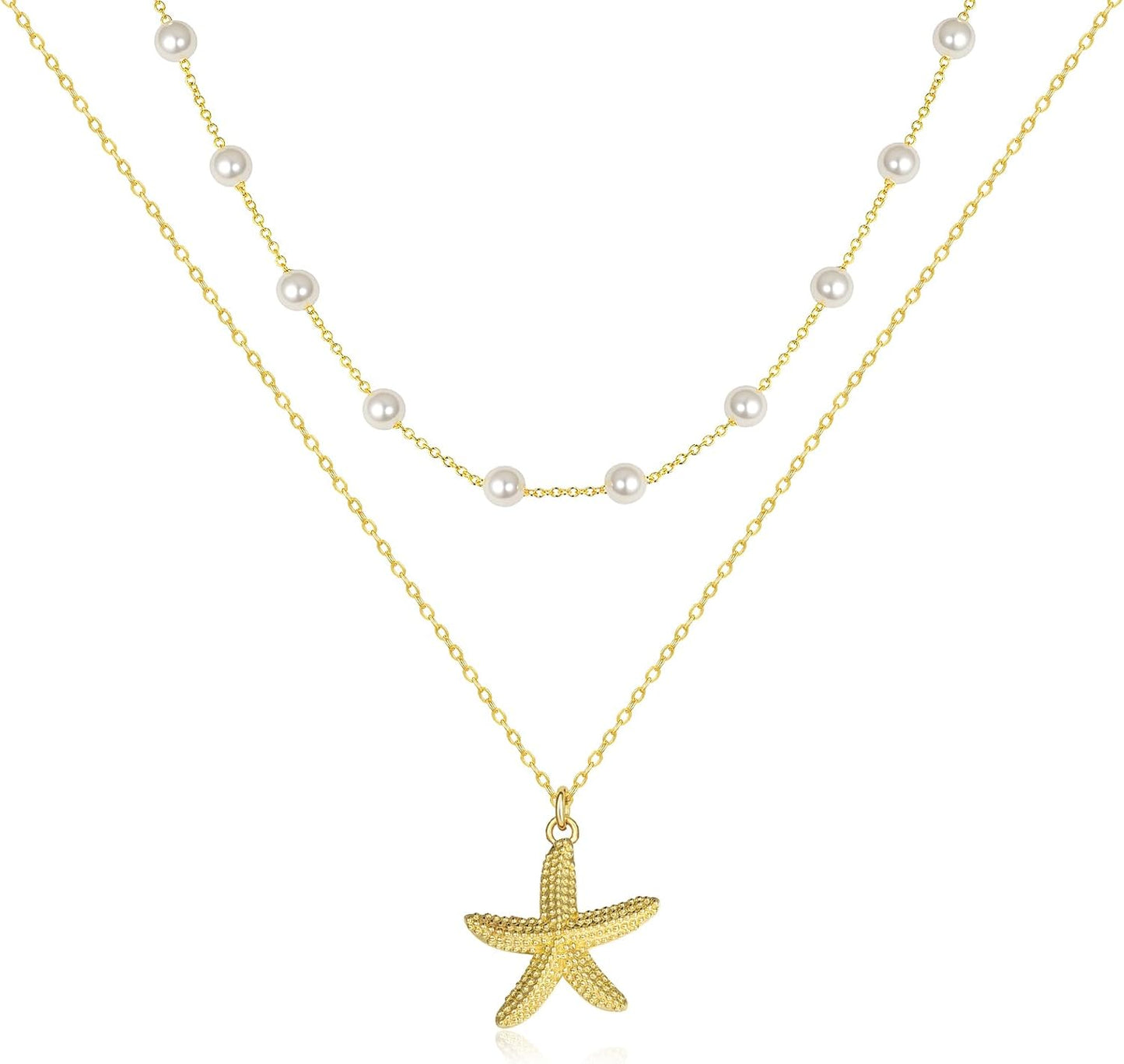 SilvecFantasy Collares en capas de oro de 14 quilates Ocean Beach p...