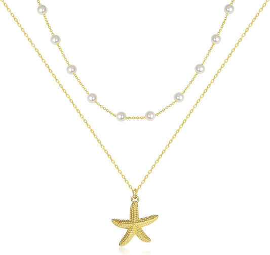 SilvecFantasy Collares en capas de oro de 14 quilates Ocean Beach p...