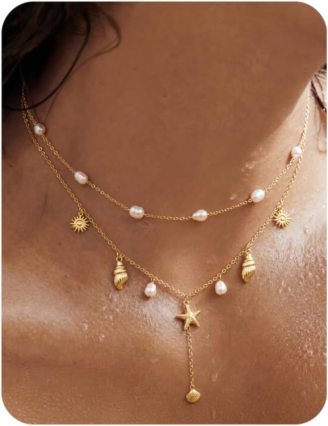 LOYALLOOK Collar de estrella de mar de concha para mujer, chapado e...