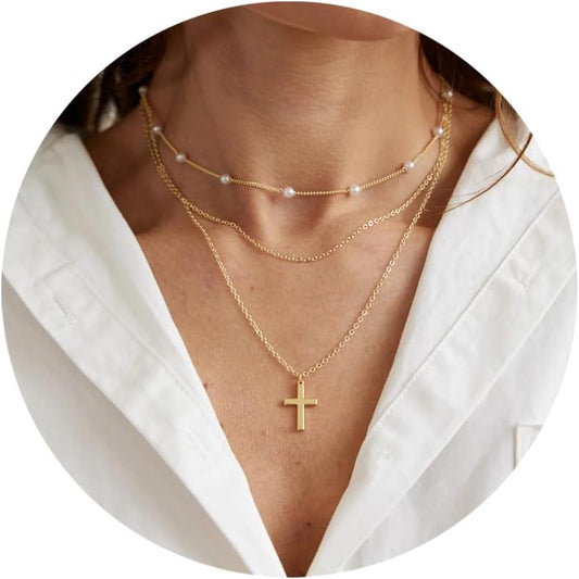 Fesciory Collar de cruz para mujer, chapado en oro de 14 quilates,...
