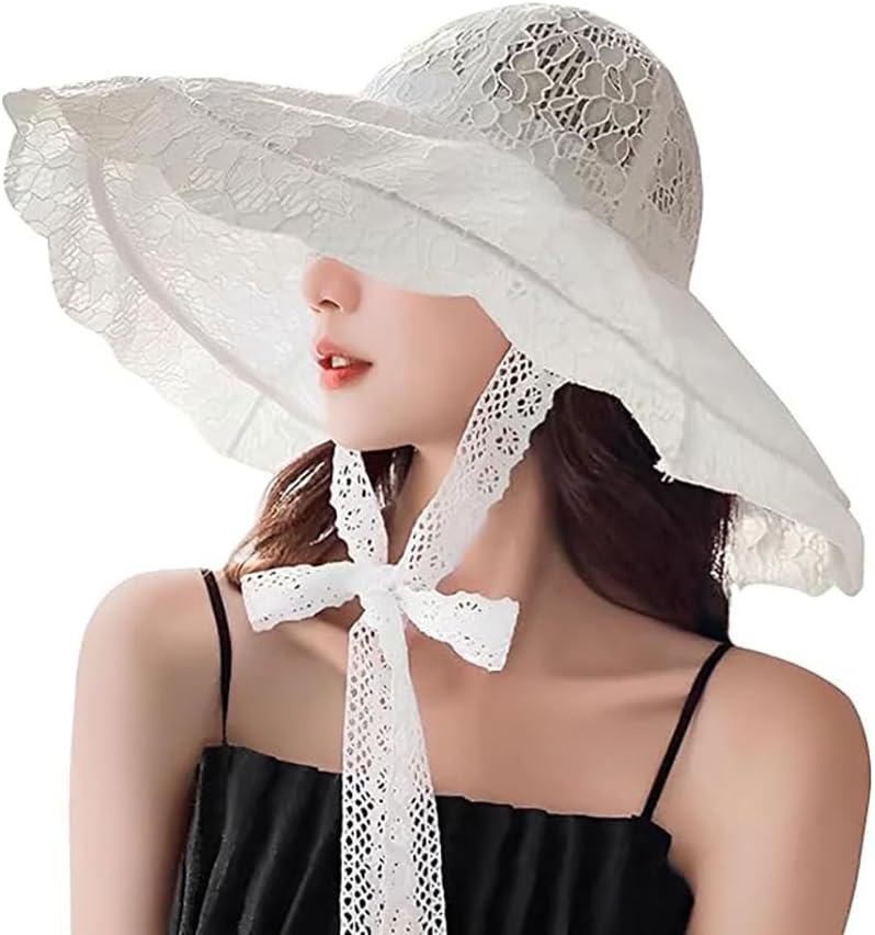 Sombrero de playa de encaje para mujer, sombrero de sol de ala anch...