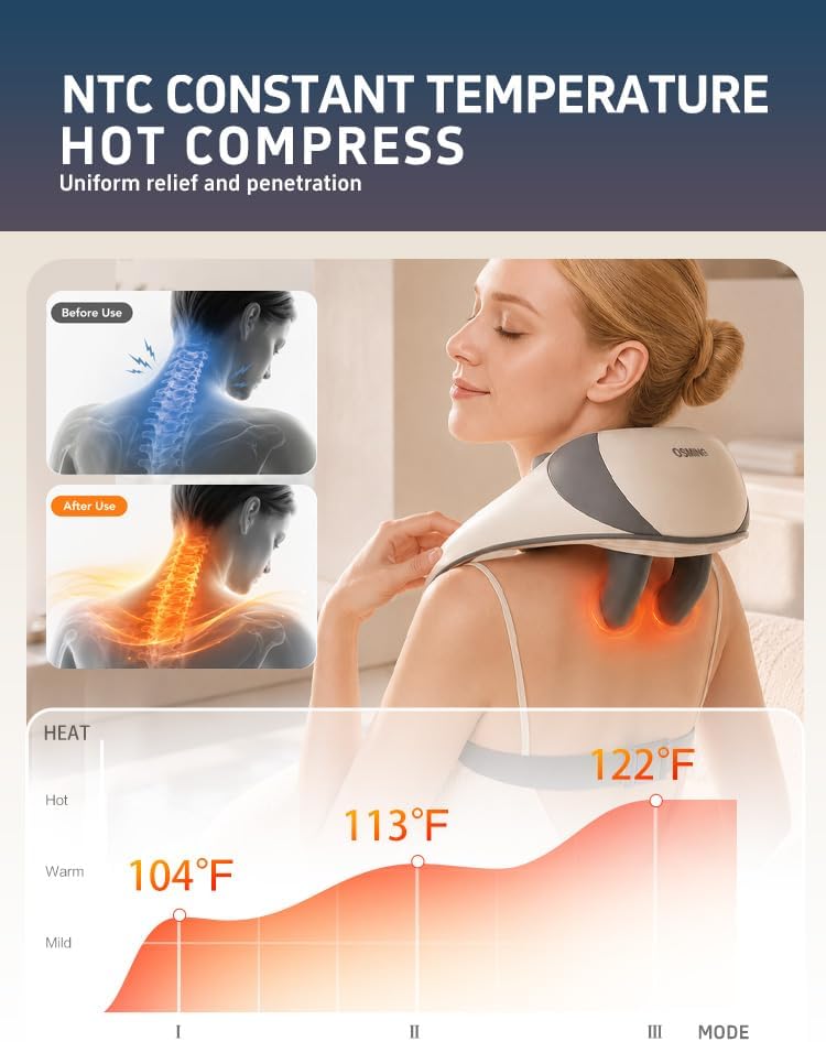 OSMING Masajeador inalámbrico de cuello y hombros con calor, Shiats...