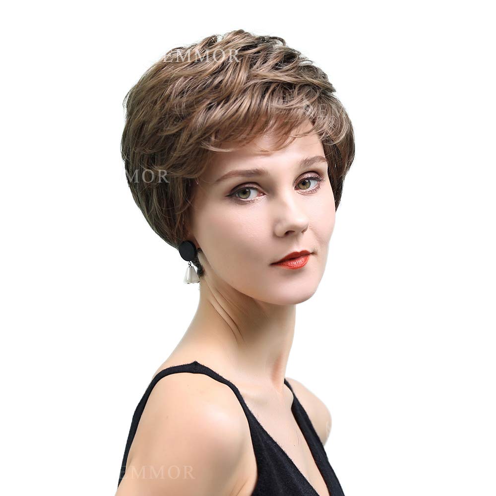 EMMOR Pelucas cortas de cabello humano castaño mezclado sintético c...