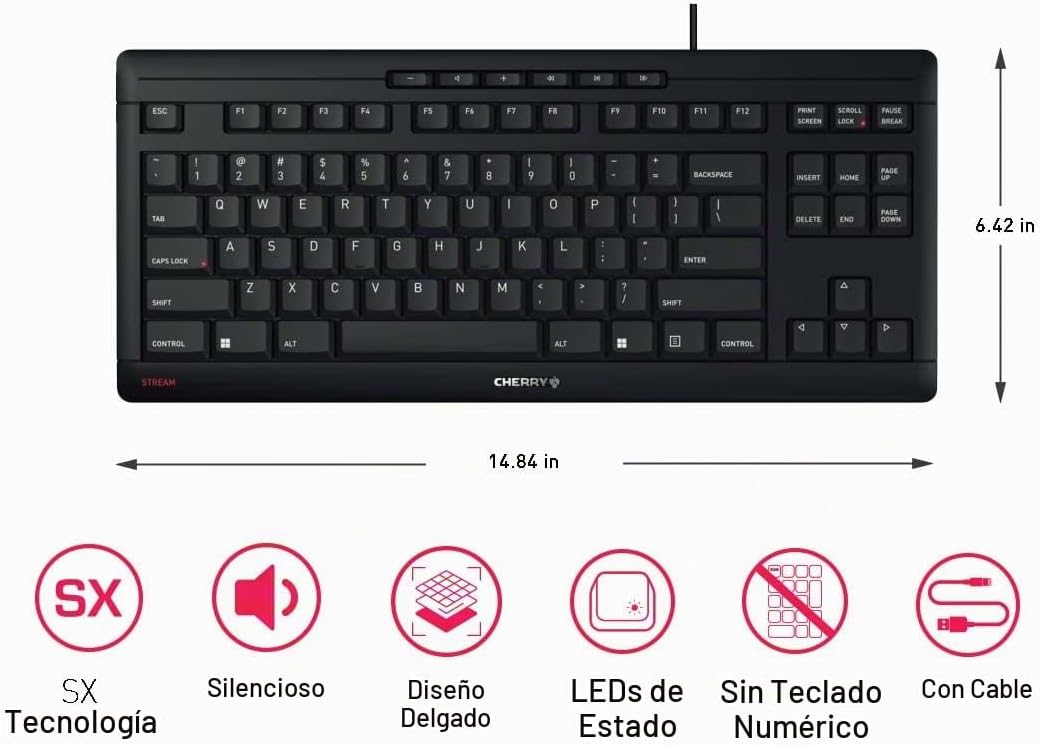 CHERRY Teclado Stream TKL con cable USB TenKeyLess versión compacta...