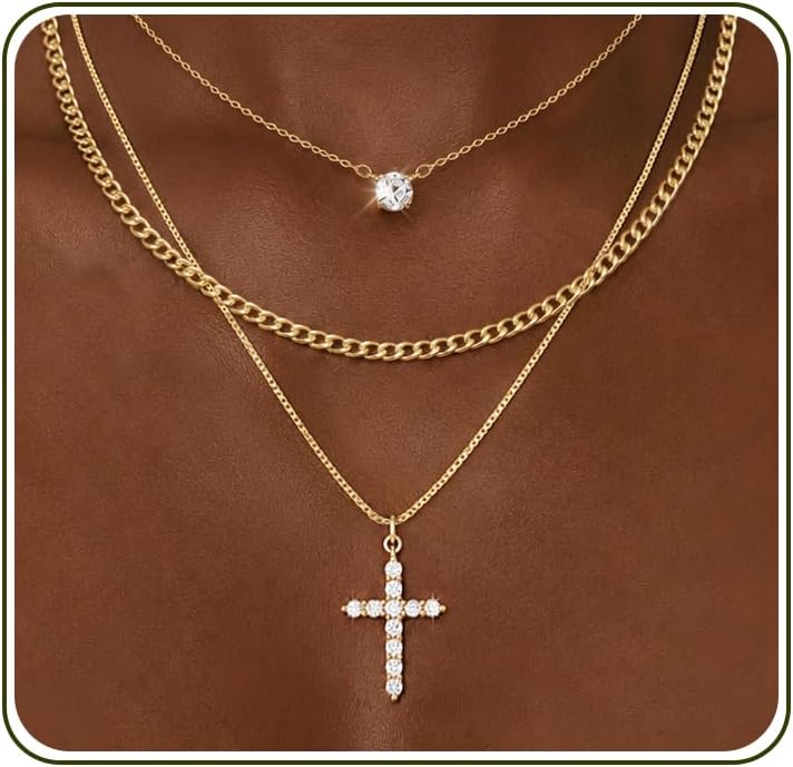 GUOKE Collares de oro en capas para mujer, chapado en oro de 14 qui...
