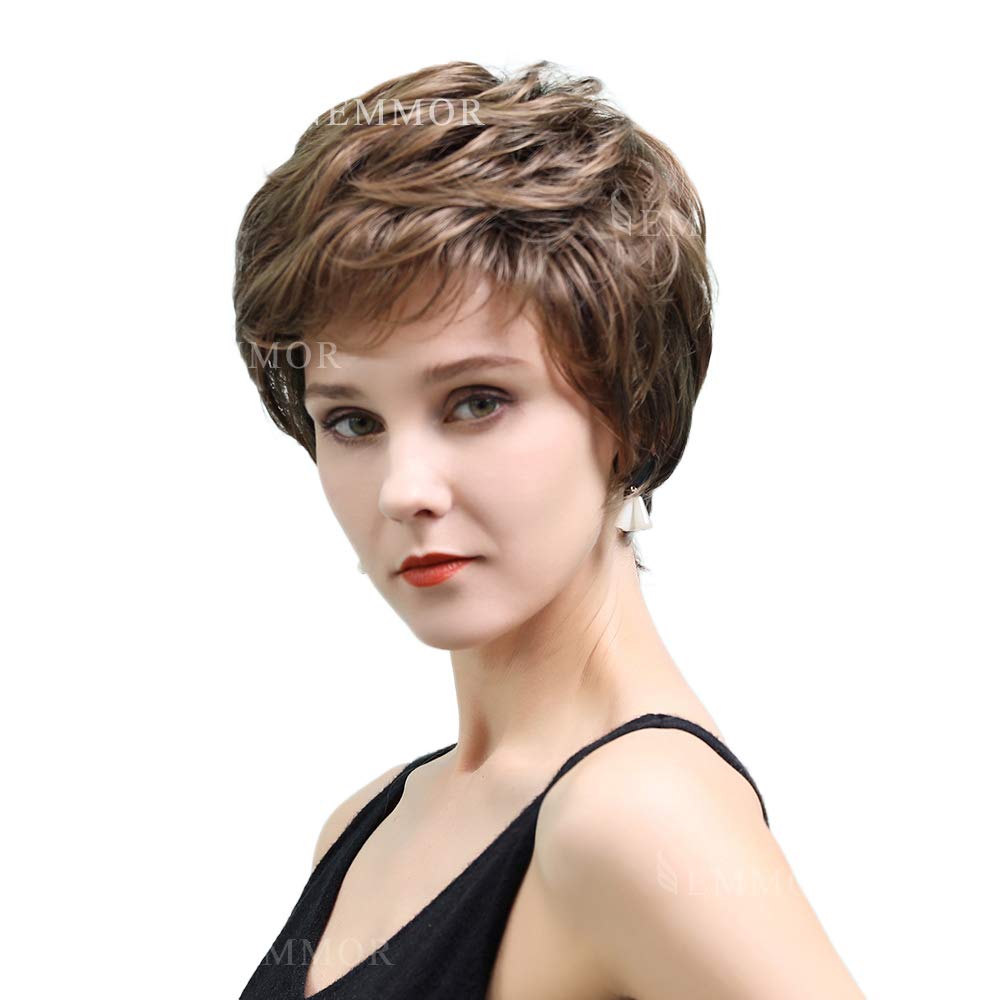 EMMOR Pelucas cortas de cabello humano castaño mezclado sintético c...