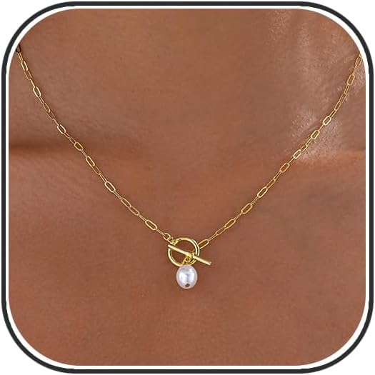 Collares de perlas para mujer, chapado en oro de 14 quilates, colla...