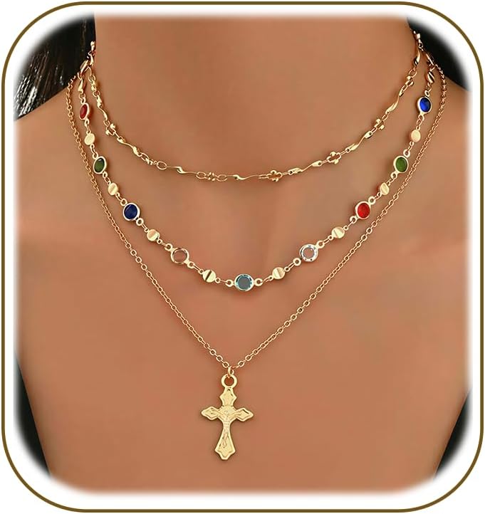 4 piezas de collares de cruz dorados en capas para mujer, modernos,...