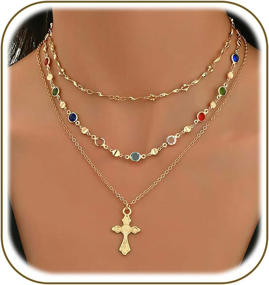 4 piezas de collares de cruz dorados en capas para mujer, modernos,...