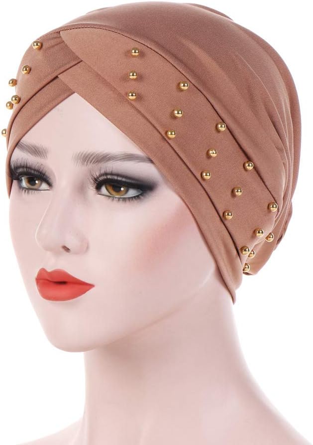 Fxhixiy Gorro sedoso con cuentas para mujer, turbante preatado para...