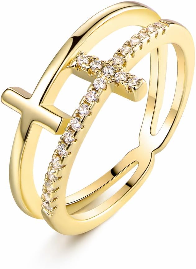 Barzel Anillo de doble cruz con circonita cúbica chapada en oro de...