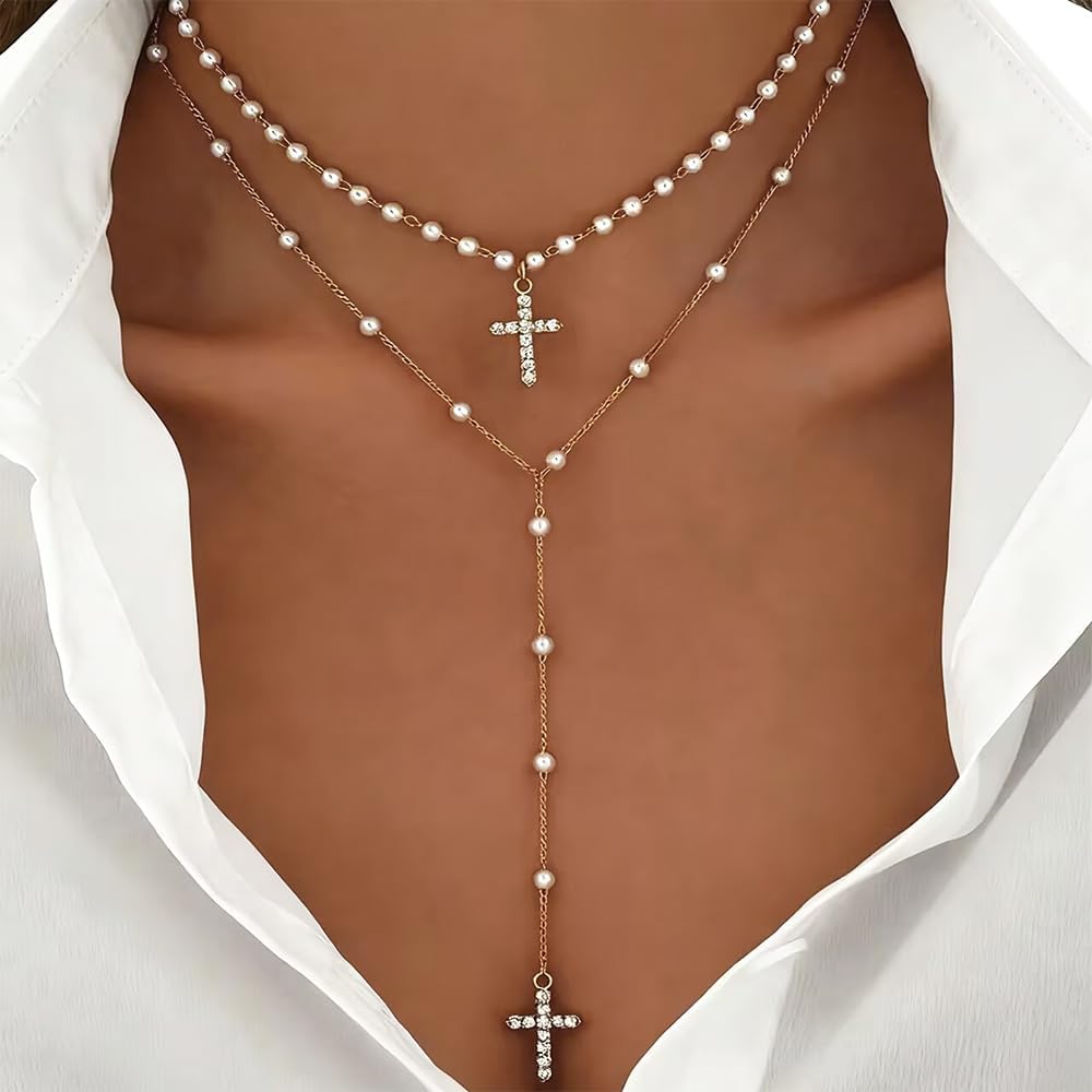 4 piezas de collares de cruz dorados en capas para mujer, modernos,...